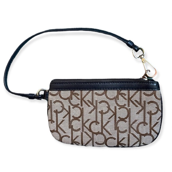 Calvin Klein Wristlet Monogram Wallet Mini Brown & Tan Mod Classic Clutch - Picture 2 of 6